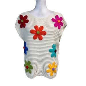 BiBi Sweater Pullover Vest size Small Ivory Crochet Flowers Retro Boho Hippie